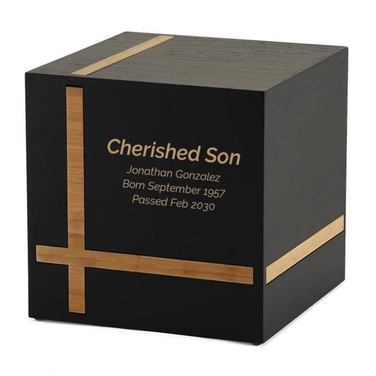 Wood-look MDF cremation urn front view on white background, straight front view