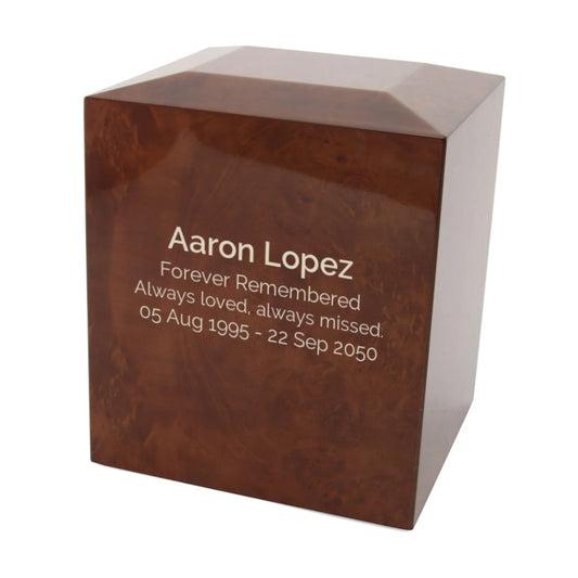 Amber wood-look MDF cremation urn front view on white background