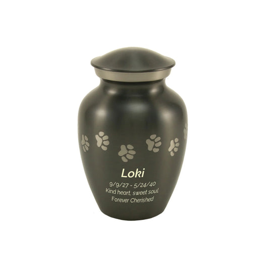 Slate-finish brass cremation urn with paw print accents front view on white background, full front view