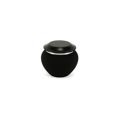 Black cremation urn with a matte finish body, a glossy lid, and a reflective silver band detail