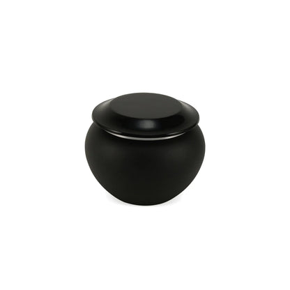Product image of a matte black urn with a contrasting glossy domed lid and a thin silver band