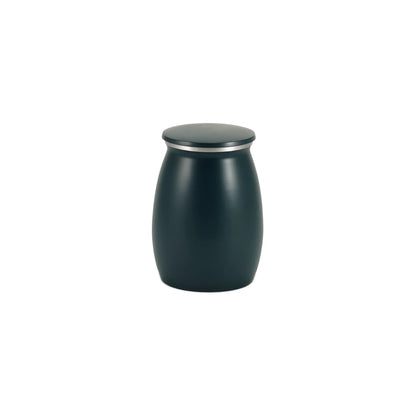 A modern deep teal matte finish urn featuring a gently curved cylindrical shape and a polished silver band below the lid