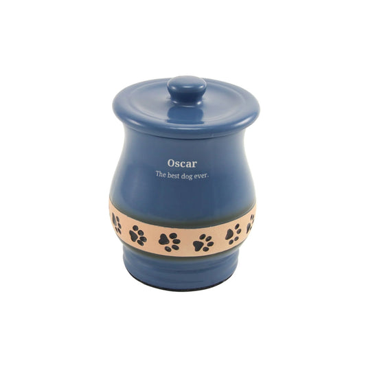 Blue ceramic cremation urn with paw print design front view on white background, full front view