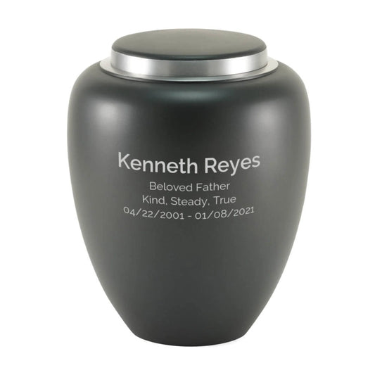 Granite-finish aluminum cremation urn front view on white background