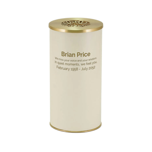 Ivory-finish stainless steel tall cylindrical scattering urn with butterfly design upright on white background