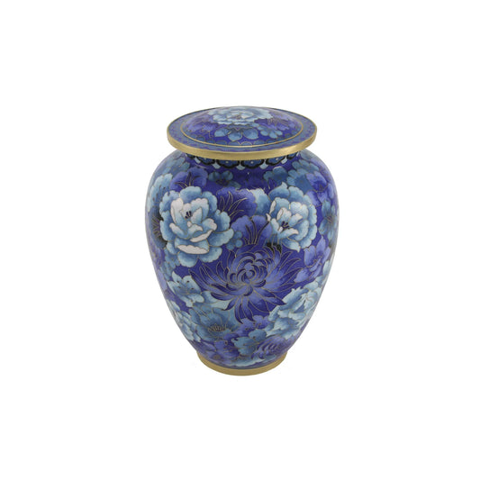 Blue cloisonné cremation urn with floral design front view on white background