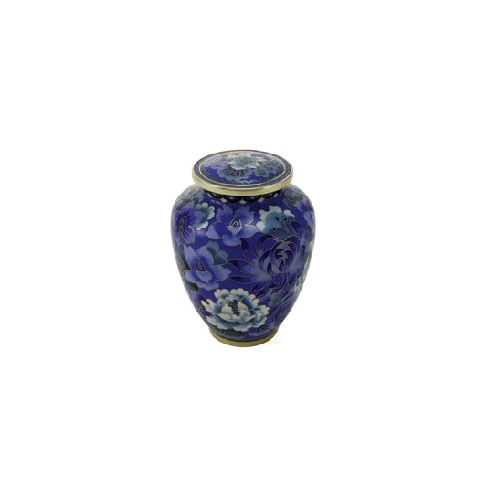 Cloisonné urn featuring dark blue enamel background with intricate lighter blue floral patterns outlined in gold-colored