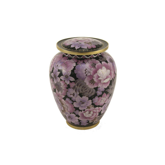 Blush cloisonné cremation urn with blush floral artwork front view on white background