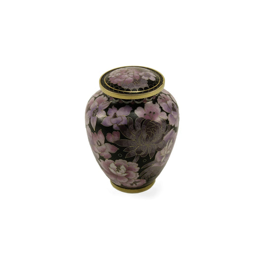 Rear view of the purple and black cloisonné cremation urn with blush floral artwork showing the back and lid contour