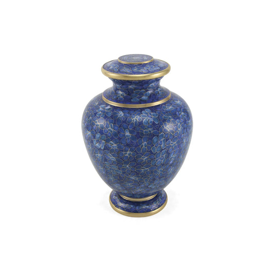 Azure cloisonné cremation urn front view on white background
