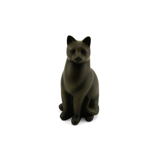 Bronze and resin cremation urn with cat motif front view on white background