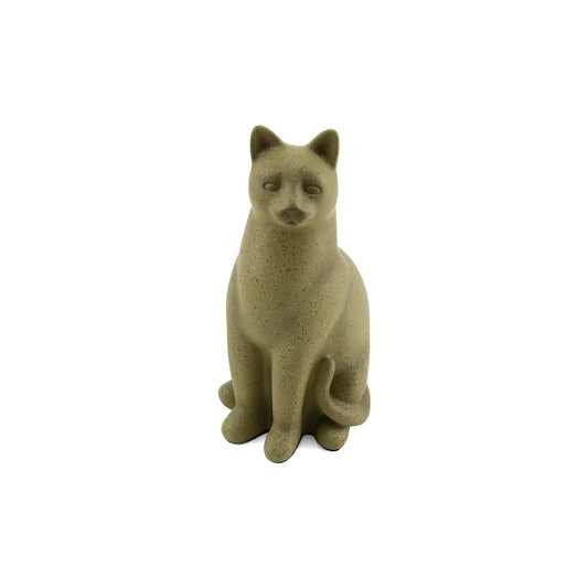 Speckled green and fawn resin cremation urn with cat motif front view on white background