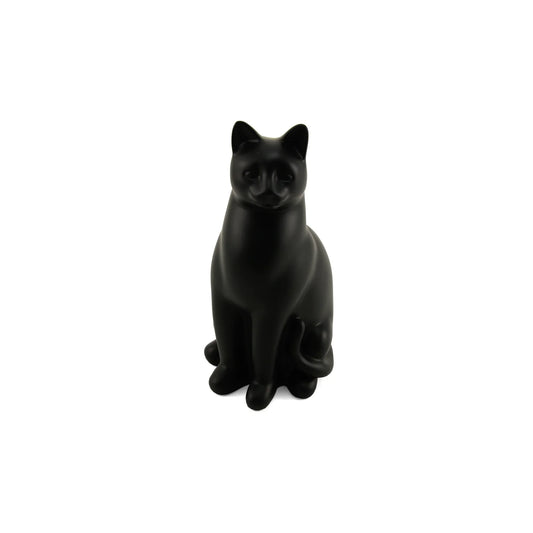 Close-up of the matte black resin cremation urn with cat motif showing lid and surface finish