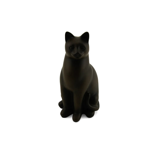 Black and tabby resin cremation urn with cat motif front view on white background
