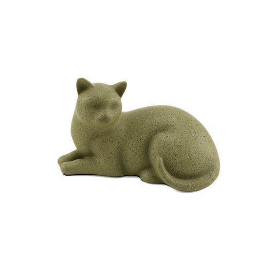 Rear view of the speckled white and green resin cremation urn with cat motif showing the back and lid contour