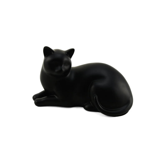 Matte black resin cremation urn with cat motif front view on white background