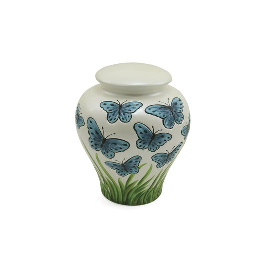 Blue ceramic cremation urn with blue butterfly artwork front view on white background