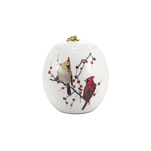 Ceramic cremation urn with cardinal birds on branches front view on white background