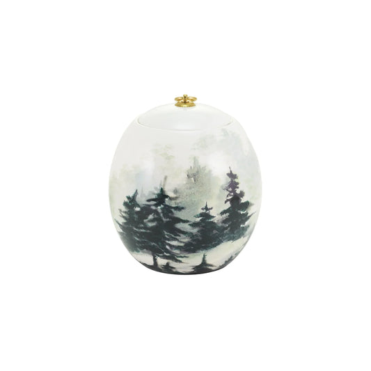 Ceramic cremation urn with forest landscape front view on white background