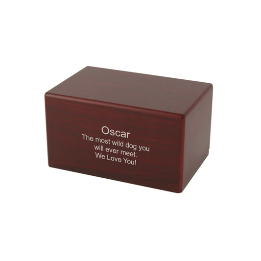 Wood-look MDF memorial box urn front view on white background with close view of the finish