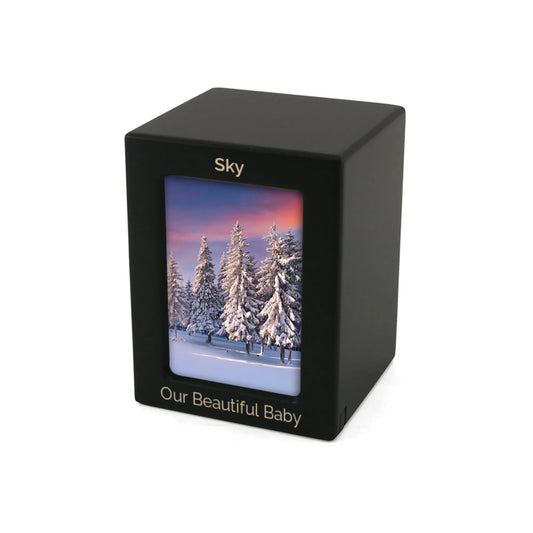 Extra-small black wood-look MDF photo pet urn with front picture frame and sample pet photo