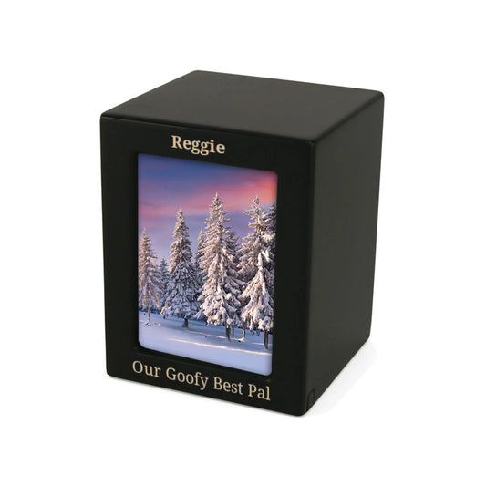 Small black wood-look MDF photo pet urn with front picture frame and sample pet photo