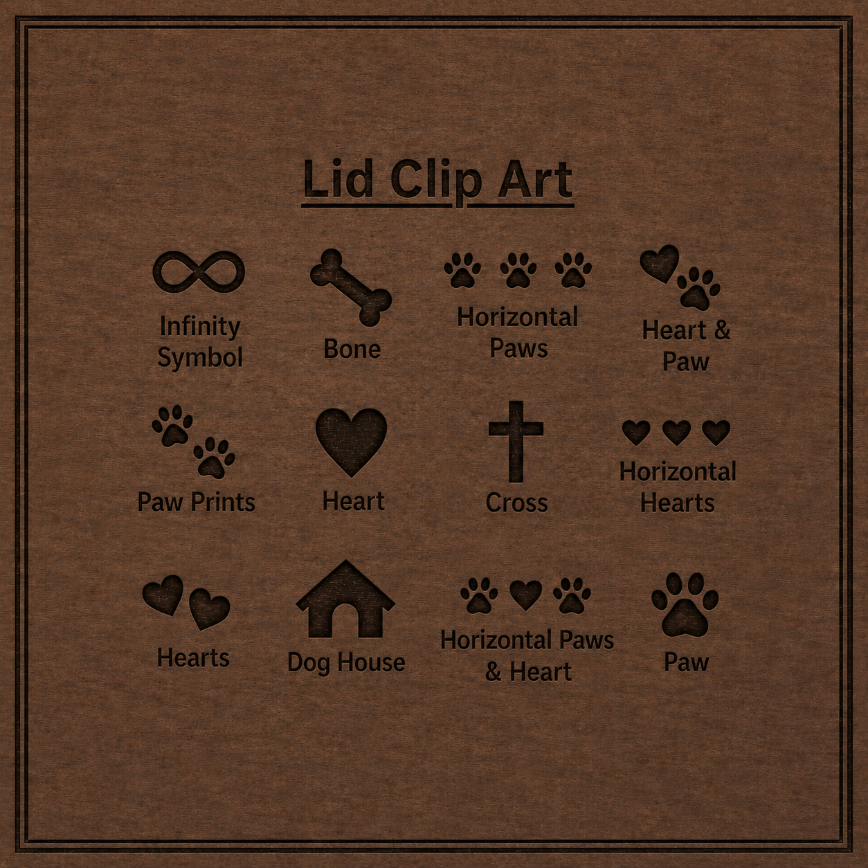 Collection of pet urn lid clip art symbols on a brown background