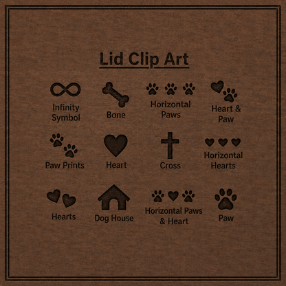 Collection of pet urn lid clip art symbols on a brown background