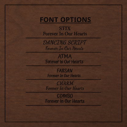 List of font options on a brown background with text 'Forever In Our Hearts'.
