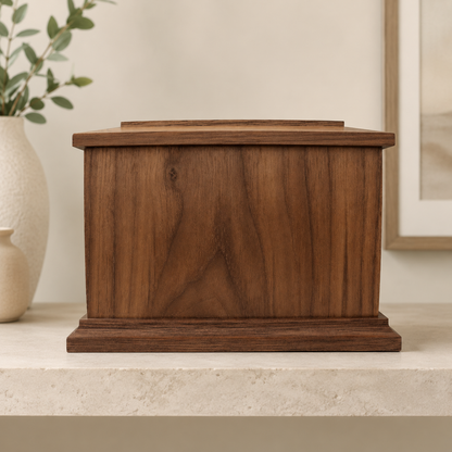 Wooden walnut urn on a shelf with a neutral background