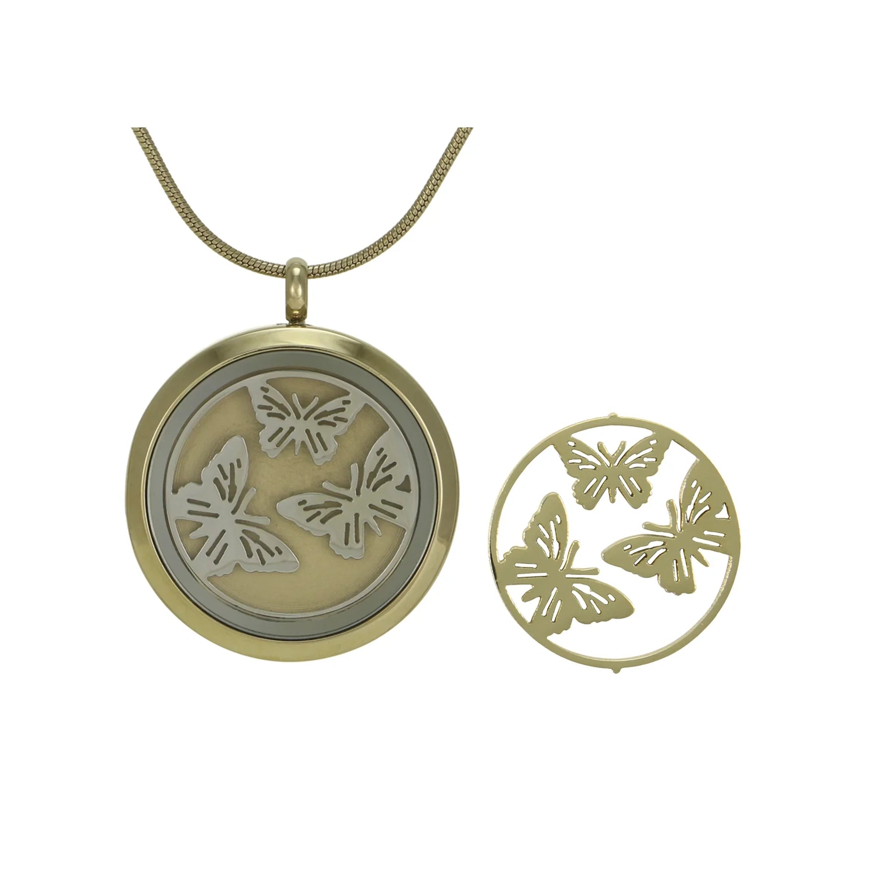 Round Pendant Bronze with 2 inserts (bronze & pewter) Butterflies - includes 19" chain