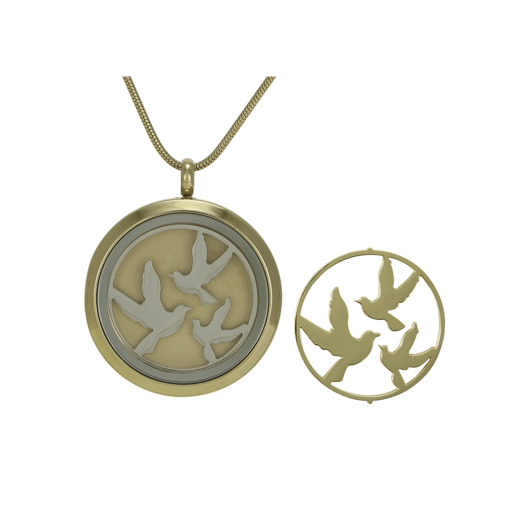 Round Pendant Bronze with 2 inserts (bronze & pewter) Birds - includes 19" chain