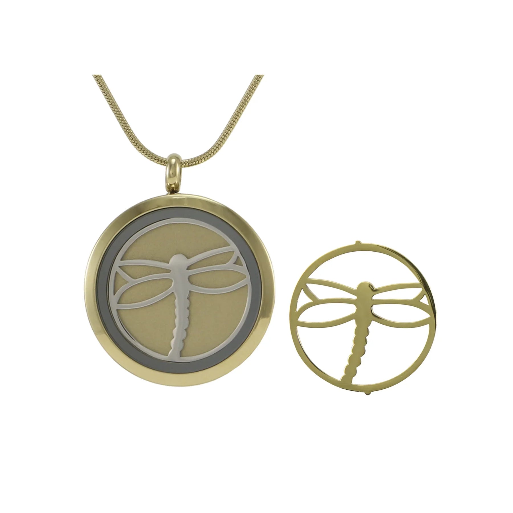 Round Pendant Bronze with 2 inserts (bronze & pewter) Dragonfly - includes 19" chain
