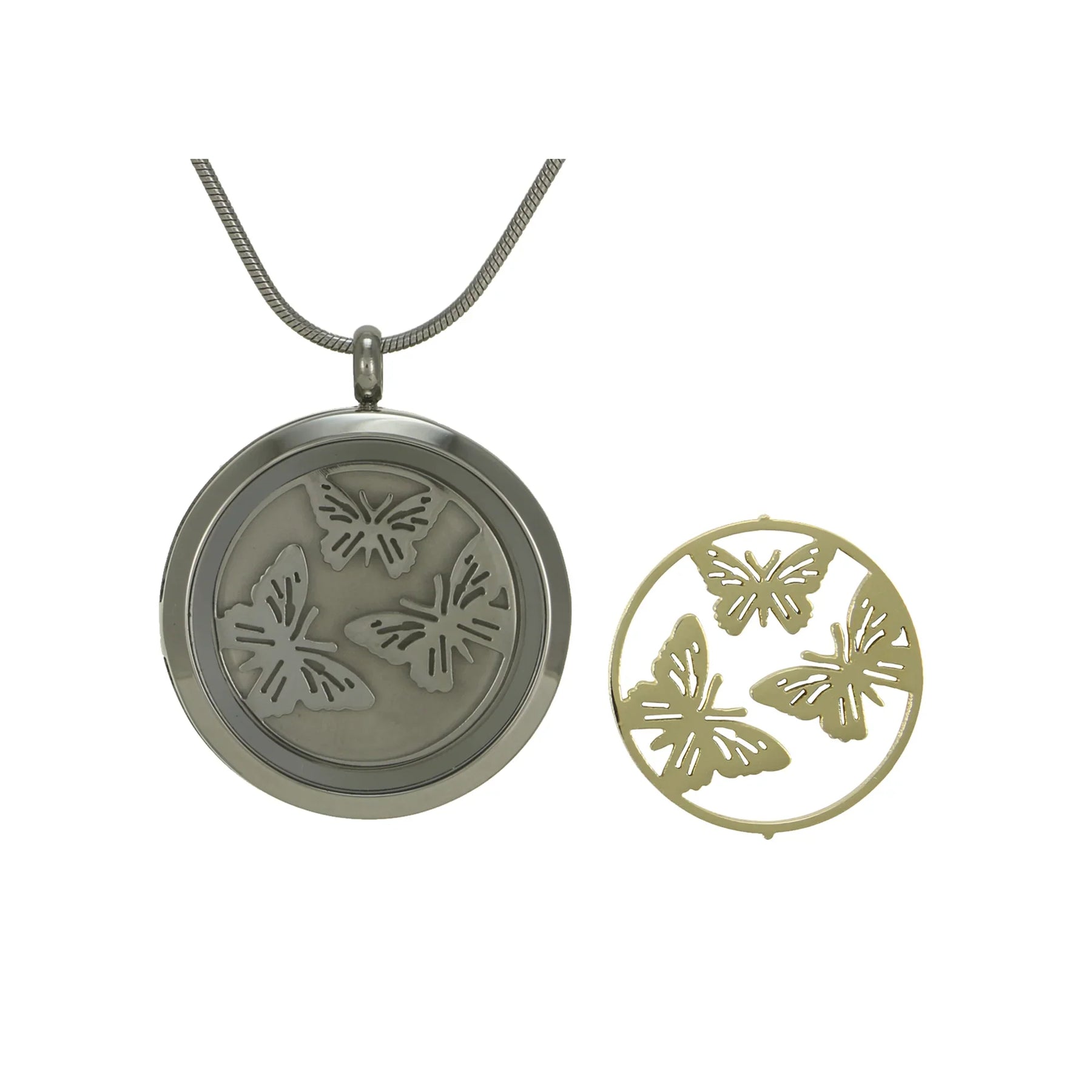 Round Pendant Pewter with 2 inserts (bronze & pewter) Butterflies - includes 19" chain