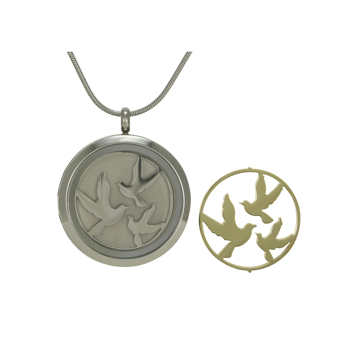 Round Pendant Pewter with 2 inserts (bronze & pewter) Birds - includes 19" chain