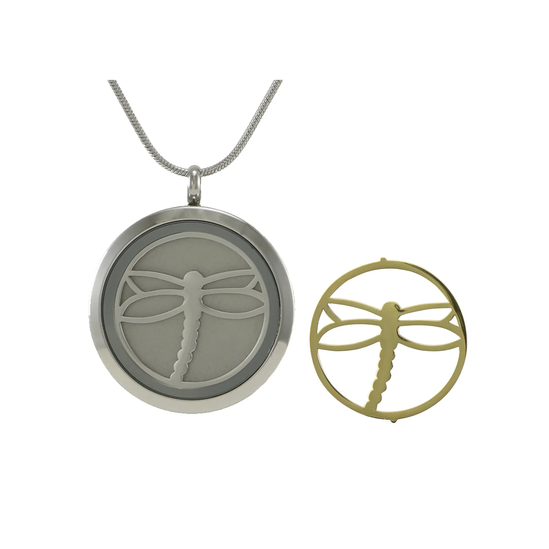 Round Pendant Pewter with 2 inserts (bronze & pewter) Dragonfly - includes 19" chain