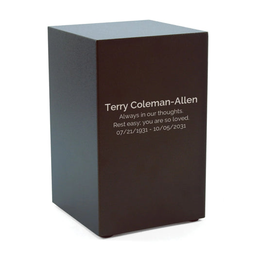 Antique bronze-finish steel memorial box urn front view on white background