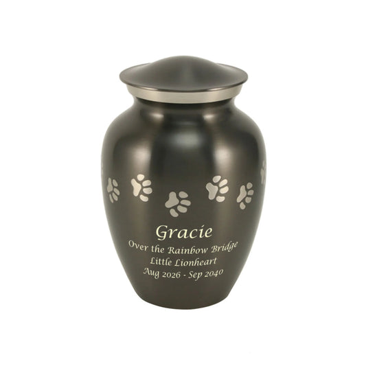 Slate-finish brass cremation urn with paw print accents front view on white background, straight front view