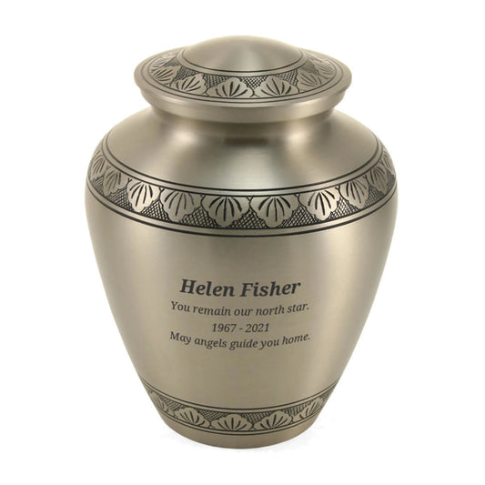 Pewter-finish brass cremation urn front view on white background, straight front view
