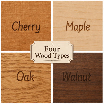 Four labeled wood finish samples showing cherry, maple, oak, and walnut grain