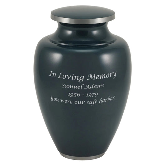 Navy-finish aluminum cremation urn front view on white background