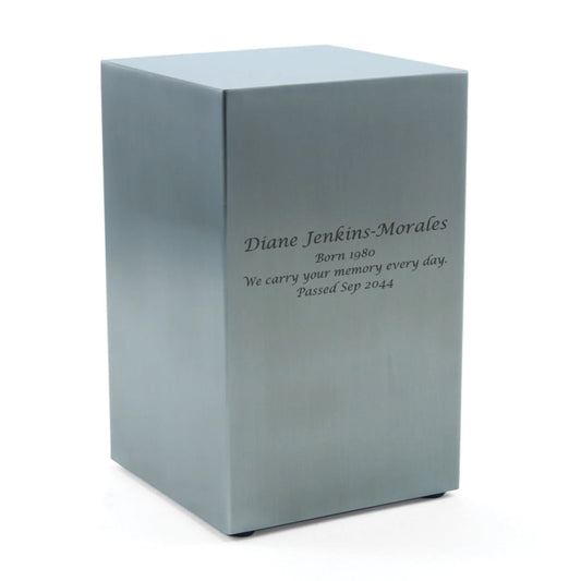 Pewter-finish stainless steel memorial box urn front view on white background