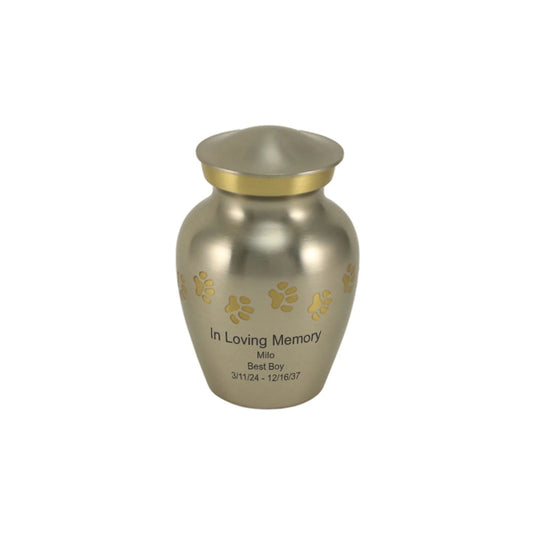 Pewter-finish brass cremation urn with paw print accents front view on white background, lid detail