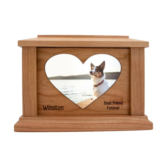 Cherry wood pet memorial box with centered heart engraving area and sample engraving