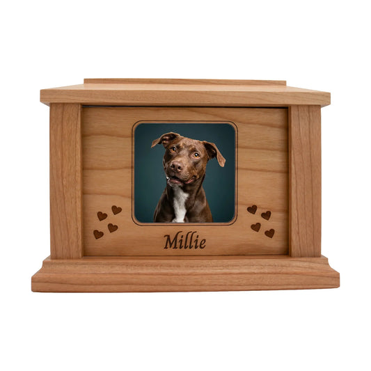 Cherry wood pet memorial box with centered square engraving area and sample engraving