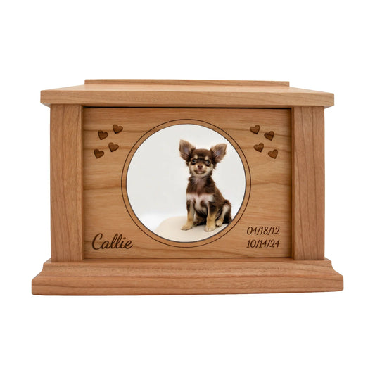 Cherry wood pet memorial box with circular photo opening and sample engraving