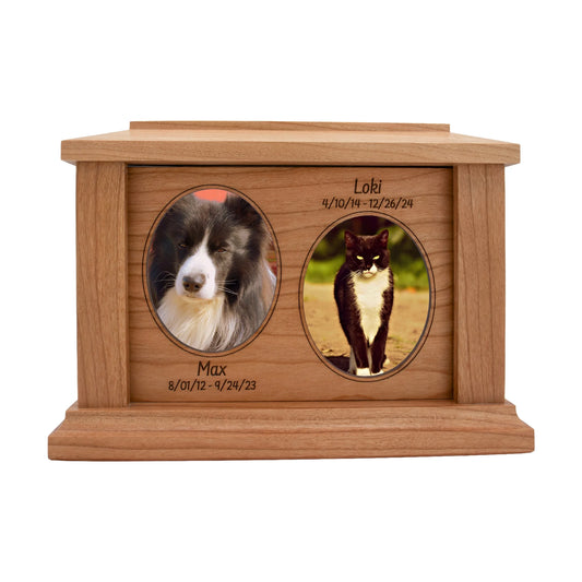 Cherry wood pet memorial box with two oval photo openings and sample engraving