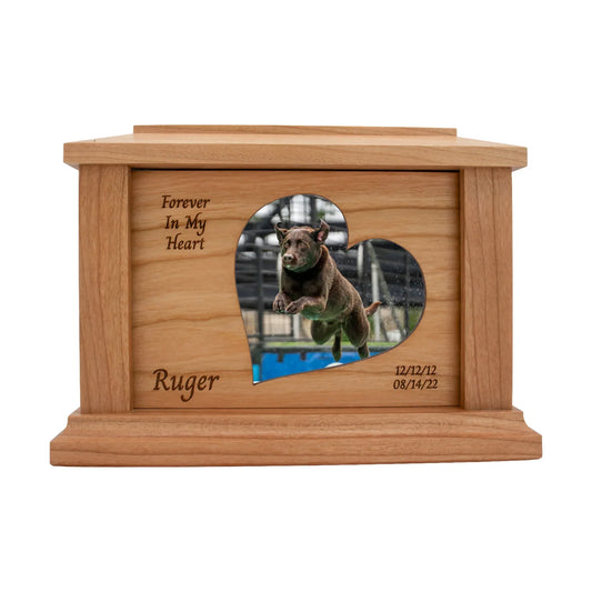 Cherry wood pet memorial box with corner engraving area and photo opening and sample engraving