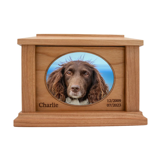 Cherry wood pet memorial box with oval photo opening and sample engraving