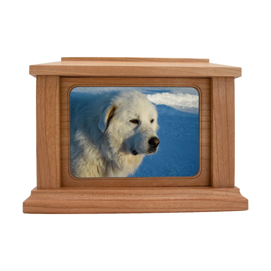 Cherry wood pet memorial box with rectangular photo opening and sample engraving